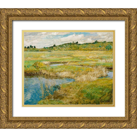 The Concord Meadow Gold Ornate Wood Framed Art Print with Double Matting by Hassam, Childe