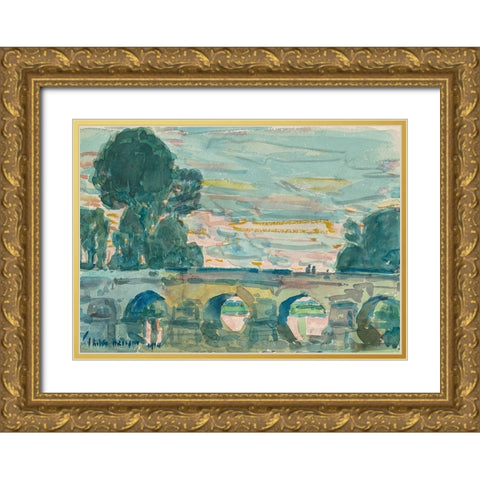 The Bridge at Grez Gold Ornate Wood Framed Art Print with Double Matting by Hassam, Childe