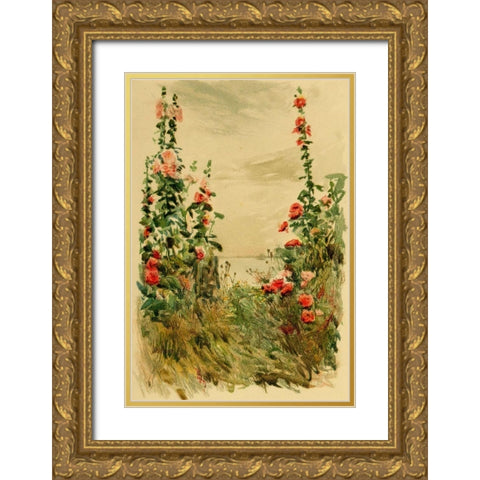 Hollyhocks Gold Ornate Wood Framed Art Print with Double Matting by Hassam, Childe