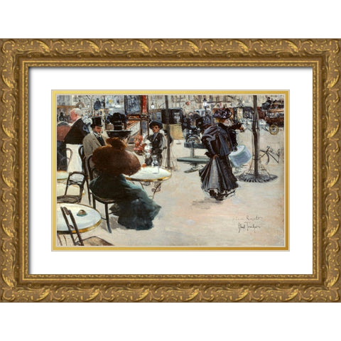 Street scene-Cafe terrace Gold Ornate Wood Framed Art Print with Double Matting by Abel-Truchet, Louis