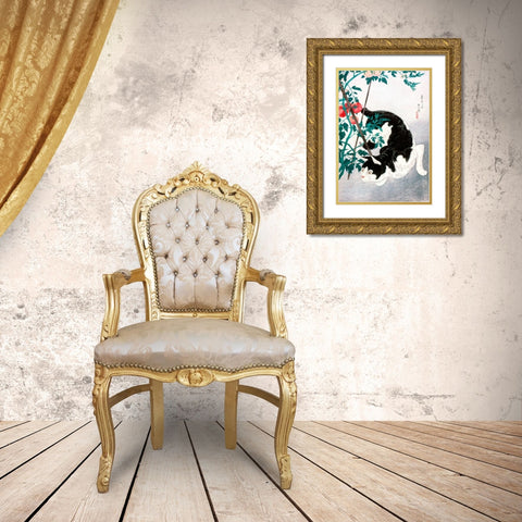 Cat with Tomato Plant Gold Ornate Wood Framed Art Print with Double Matting by Takahashi, Hiroaki