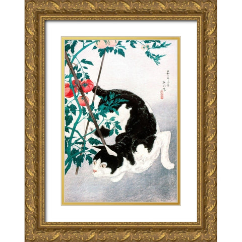 Cat with Tomato Plant Gold Ornate Wood Framed Art Print with Double Matting by Takahashi, Hiroaki