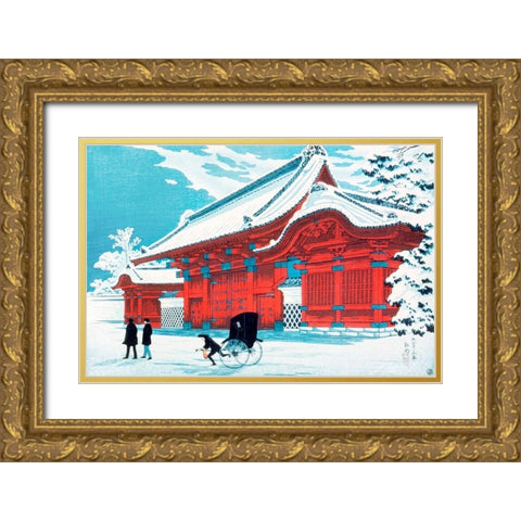The Red Gate of Hongo in Snow Gold Ornate Wood Framed Art Print with Double Matting by Takahashi, Hiroaki