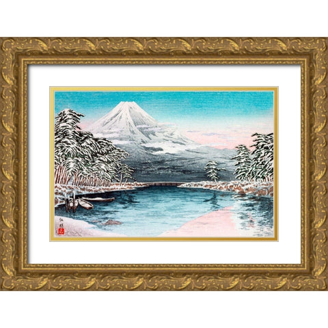 Mt Fuji from Tagonoura-Snow Scene Gold Ornate Wood Framed Art Print with Double Matting by Takahashi, Hiroaki
