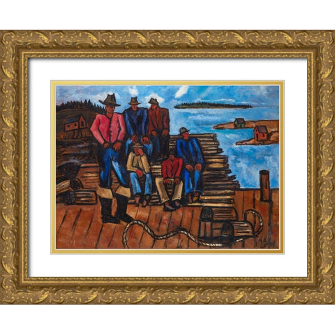 Lobster Fishermen Gold Ornate Wood Framed Art Print with Double Matting by Hartley, Marsden