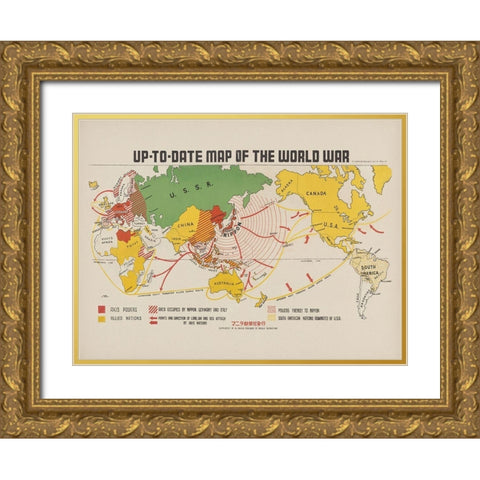Up To Date map of the world war 1942 Gold Ornate Wood Framed Art Print with Double Matting by Beinecke Manuscript Library