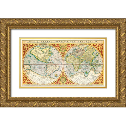 Orbis terrae compendiosa descriptio 1637 Gold Ornate Wood Framed Art Print with Double Matting by Mercator, Gerhad