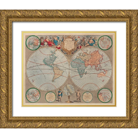 A new map of the world from the latest observations 1720 Gold Ornate Wood Framed Art Print with Double Matting by Senex, John