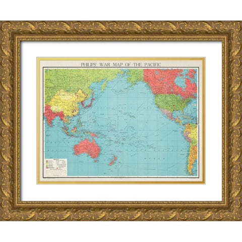 Philips war map of the Pacific 1945 Gold Ornate Wood Framed Art Print with Double Matting by George Philip and Son Limited