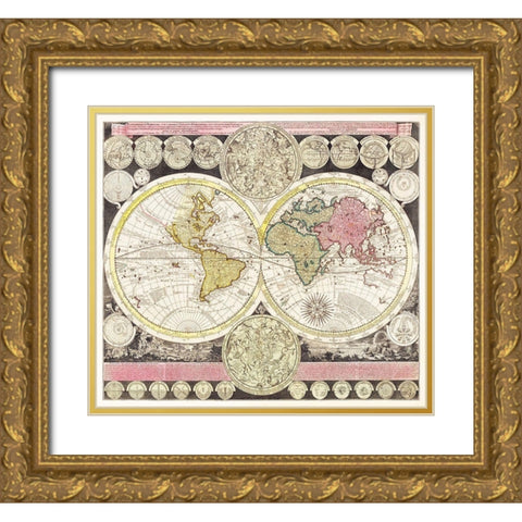 Flat earth globe with the celestial half round 1709 Gold Ornate Wood Framed Art Print with Double Matting by Zuerner, Adam Friedrich