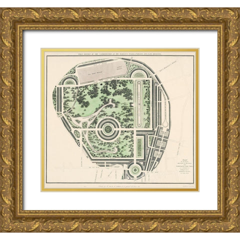 Marybone Park Farm Plan Gold Ornate Wood Framed Art Print with Double Matting by Basire, James
