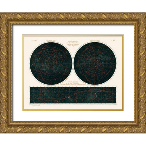 Constellations of the Two Hemispheres 1877 Gold Ornate Wood Framed Art Print with Double Matting by Amedee, Guillemin