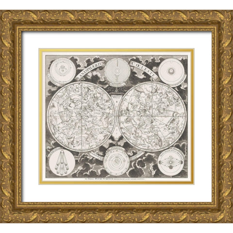 Sky map showing the northern and southern constellations 1705 Gold Ornate Wood Framed Art Print with Double Matting by Schenk, Pieter