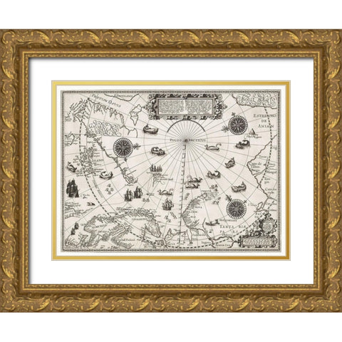 Map of the Arctic 1598 Gold Ornate Wood Framed Art Print with Double Matting by Barendsz, William