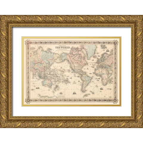 Coltons Map of the World on Mercators Projection 1858 Gold Ornate Wood Framed Art Print with Double Matting by J H Colton and Co