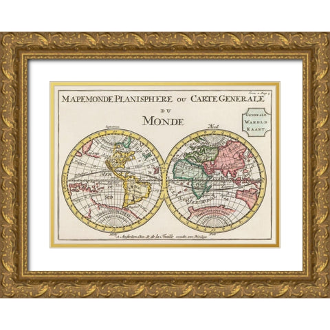 Planisphere or general map of the world 1735 Gold Ornate Wood Framed Art Print with Double Matting by Lafeuilledelete, Daniel de