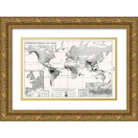 Annual Rainfall Distribution Gold Ornate Wood Framed Art Print with Double Matting by Vintage Maps