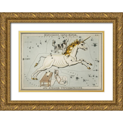 Astronomical chart illustration of the Monoceros-Canis Minor and the Atelier Typographique Gold Ornate Wood Framed Art Print with Double Matting by Hall, Sidney