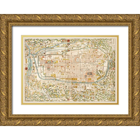 Map of Kyoto 1863 Gold Ornate Wood Framed Art Print with Double Matting by Kahei, Takebara