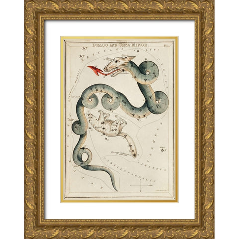 Astronomical chart illustration of the Draco and the Ursa Minor Gold Ornate Wood Framed Art Print with Double Matting by Hall, Sidney