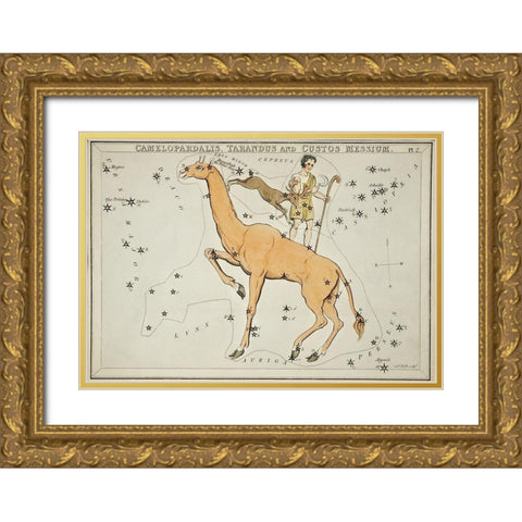Astronomical chart illustration of the Camelopardalis-Tarandus and the Custos Messium Gold Ornate Wood Framed Art Print with Double Matting by Hall, Sidney