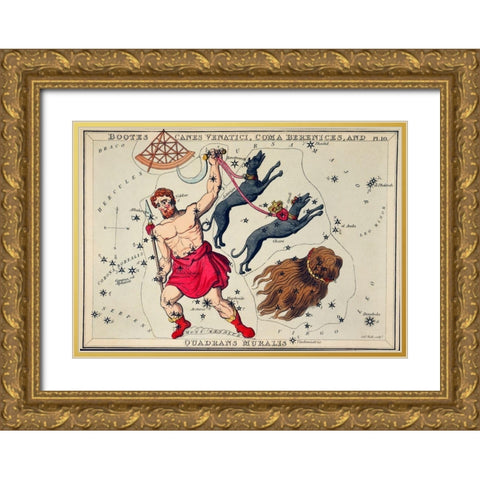 Astronomical chart illustration of Bootes Canes Venatici-Coma Berenices-and Quadrans Muralis Gold Ornate Wood Framed Art Print with Double Matting by Hall, Sidney