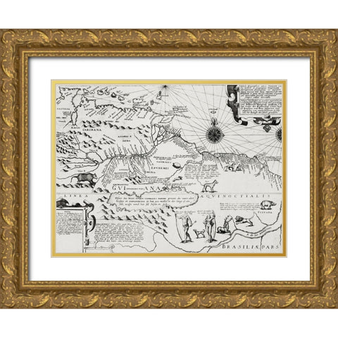 America map from Grand voyages 1596 Gold Ornate Wood Framed Art Print with Double Matting by Bry, de Theodor