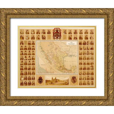 Map of Leaders in New Spain through History Gold Ornate Wood Framed Art Print with Double Matting by Vintage Maps