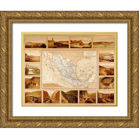 Roads Harbors waterways bridges highways and coastlines of Mexico Gold Ornate Wood Framed Art Print with Double Matting by Vintage Maps