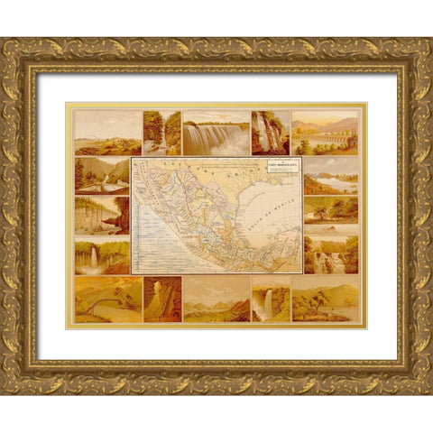 Waterfalls and Dams in Mexico Gold Ornate Wood Framed Art Print with Double Matting by Vintage Maps