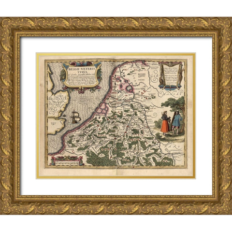 Belgium Gold Ornate Wood Framed Art Print with Double Matting by Vintage Maps