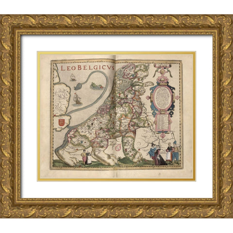 Netherlandic Lion Gold Ornate Wood Framed Art Print with Double Matting by Vintage Maps