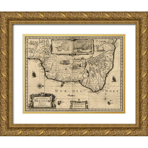 Brazil 1630 Gold Ornate Wood Framed Art Print with Double Matting by Vintage Maps