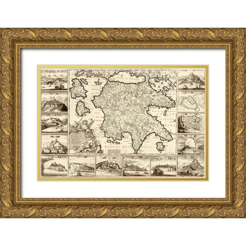 Greece and Peloponnesian Gold Ornate Wood Framed Art Print with Double Matting by Vintage Maps