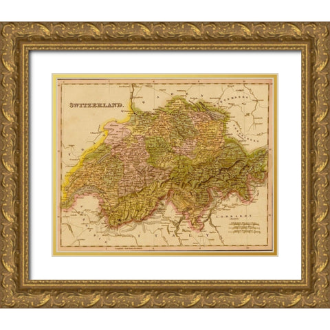 Switzerland 1844 Gold Ornate Wood Framed Art Print with Double Matting by Vintage Maps