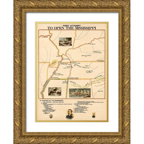 Civil War First Attempt to Open the Mississippi Gold Ornate Wood Framed Art Print with Double Matting by Vintage Maps