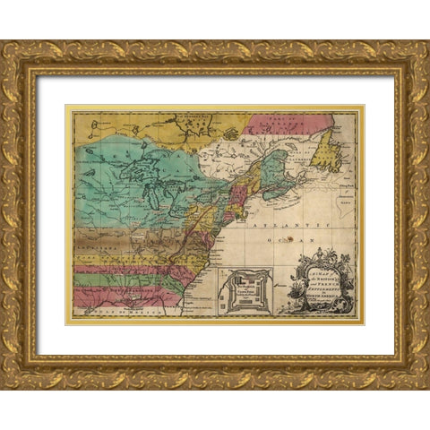 Map of British and French Settlements in America 1755 Gold Ornate Wood Framed Art Print with Double Matting by Vintage Maps