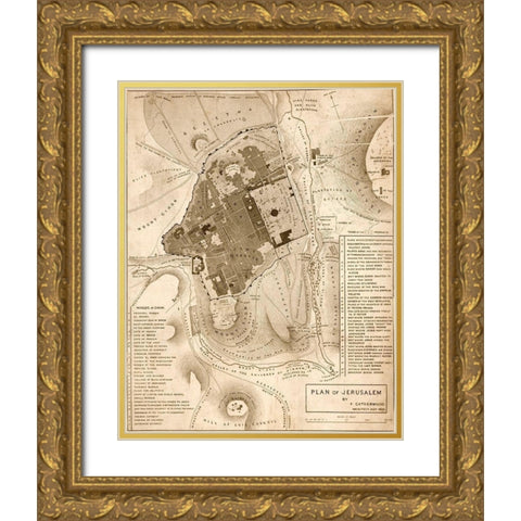 Jerusalem 1835 Gold Ornate Wood Framed Art Print with Double Matting by Vintage Maps