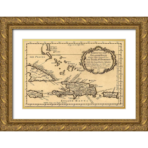 Haiti Santo Domingo and Hispaniola 1754 Gold Ornate Wood Framed Art Print with Double Matting by Vintage Maps