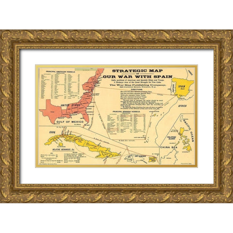 Strategic Map of Our War with Spain 1898 Gold Ornate Wood Framed Art Print with Double Matting by Vintage Maps