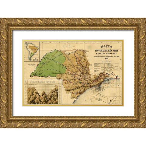 Sao Paolo Brazil 1886 Gold Ornate Wood Framed Art Print with Double Matting by Vintage Maps