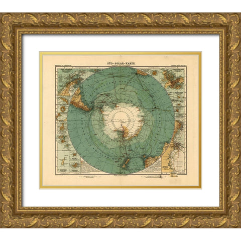 Map of the South Pole Antarctica 1912 Gold Ornate Wood Framed Art Print with Double Matting by Vintage Maps