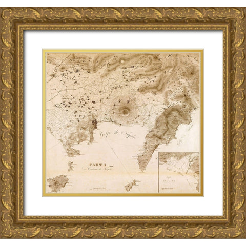 Naples Region with Vesuvius Italy 1828 Gold Ornate Wood Framed Art Print with Double Matting by Vintage Maps
