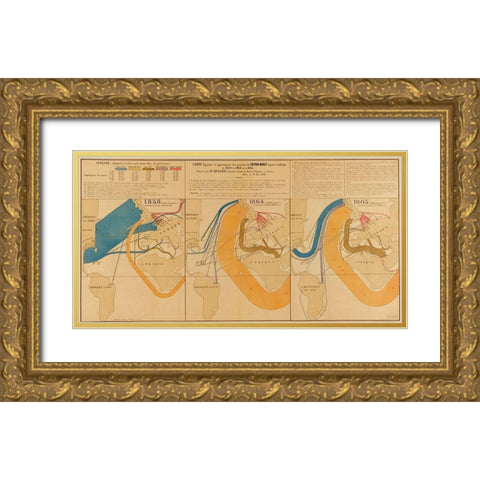 Trade in Raw Cotton from Europe to the USA Gold Ornate Wood Framed Art Print with Double Matting by Vintage Maps