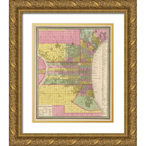 City of Philadelphia 1849 Gold Ornate Wood Framed Art Print with Double Matting by Vintage Maps