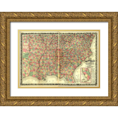 Southern States Gold Ornate Wood Framed Art Print with Double Matting by Vintage Maps