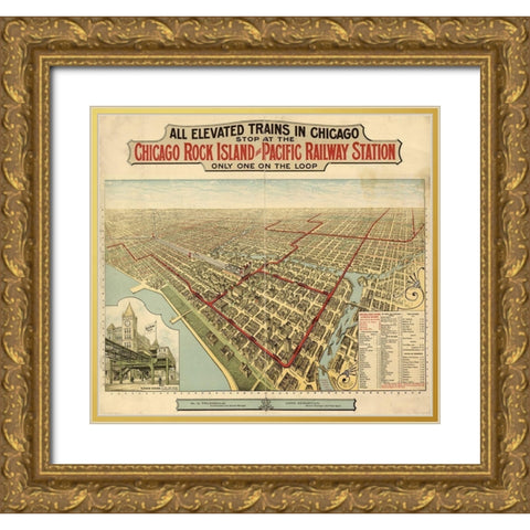 Chicago Rock Island and Pacific Railway Station 1897 Gold Ornate Wood Framed Art Print with Double Matting by Vintage Maps