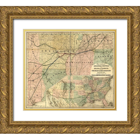 Arkansas Central 1872 Gold Ornate Wood Framed Art Print with Double Matting by Vintage Maps