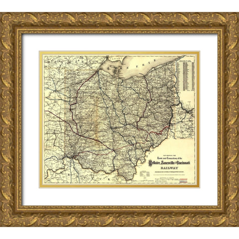 Bellaire Zanesville and Cincinnati Railway 1883 Gold Ornate Wood Framed Art Print with Double Matting by Vintage Maps