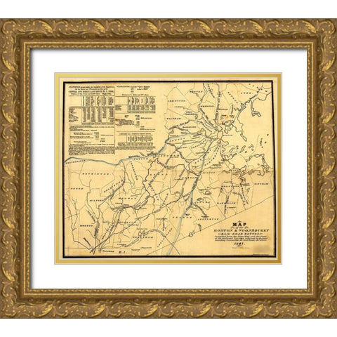 Boston and Woonsocket 1847 Gold Ornate Wood Framed Art Print with Double Matting by Vintage Maps